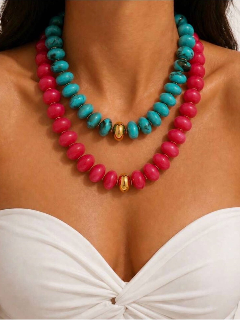 Large Turquoise & Fuchsia oval Beaded Bohemian style Necklace - Gold Accent